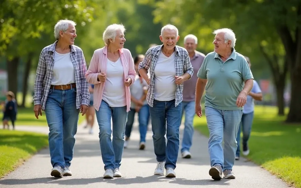 Group of seniors walking on a park path, wearing comfortable shoes and enjoying exercise together.
