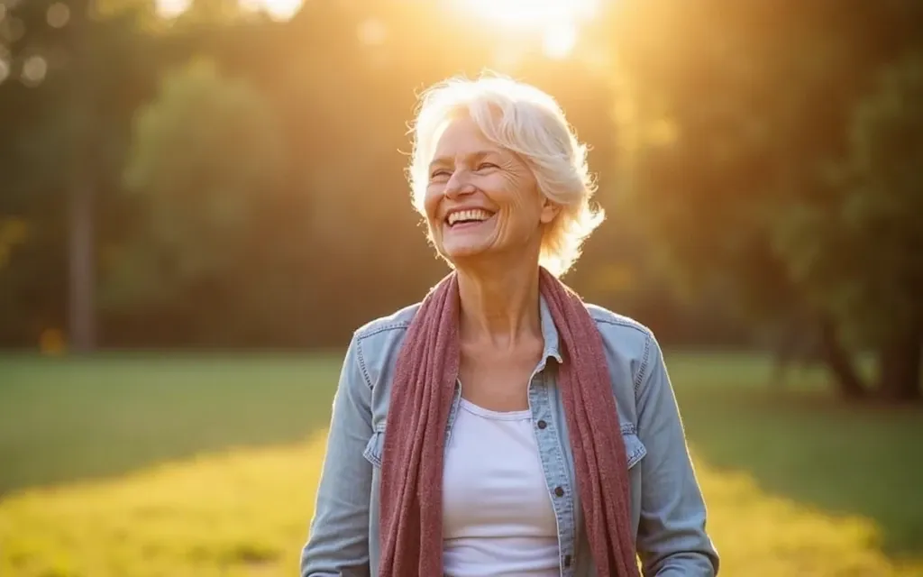 Senior woman walking outside, looking relaxed and happy.