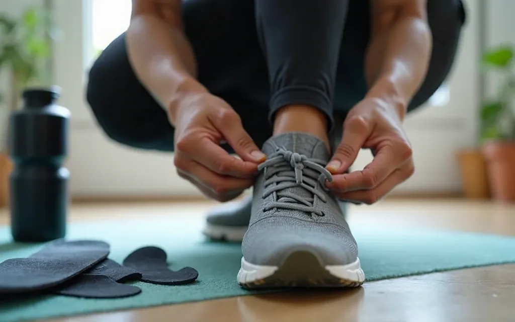 A person tying sneakers with a water bottle and insoles, preparing for a safe workout.
