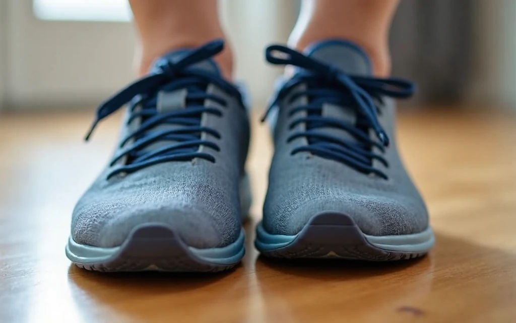 Athletic shoes with cushioned insoles, emphasizing foot comfort for exercise.