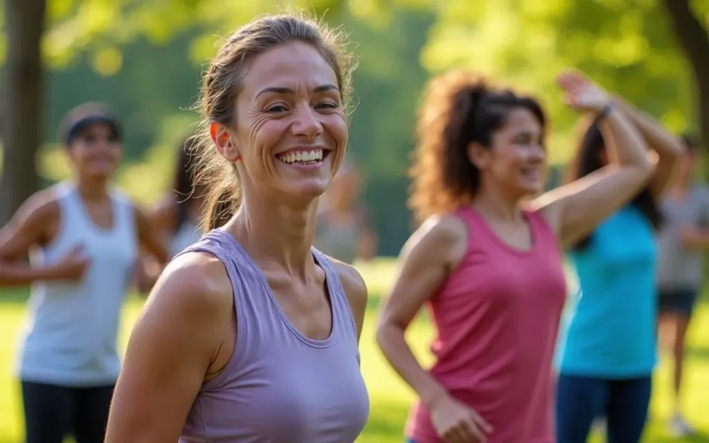 A diverse group of adults stretching together in a sunny park, ready to start exercising, with the article title overlaid.