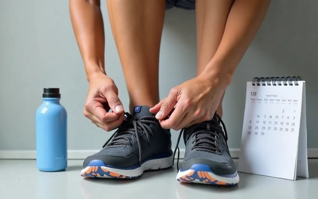 Person tying running shoes with a calendar and water bottle, representing starting a new exercise habit.