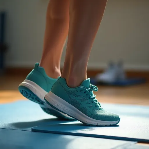 Close-up of feet in athletic shoes doing ankle circles and heel raises on a mat as part of a dynamic warm-up.