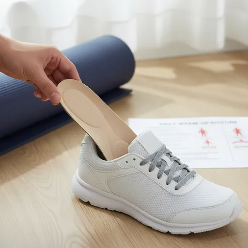 Person inserting a supportive insole into an athletic shoe beside a mat before starting a warm-up routine.