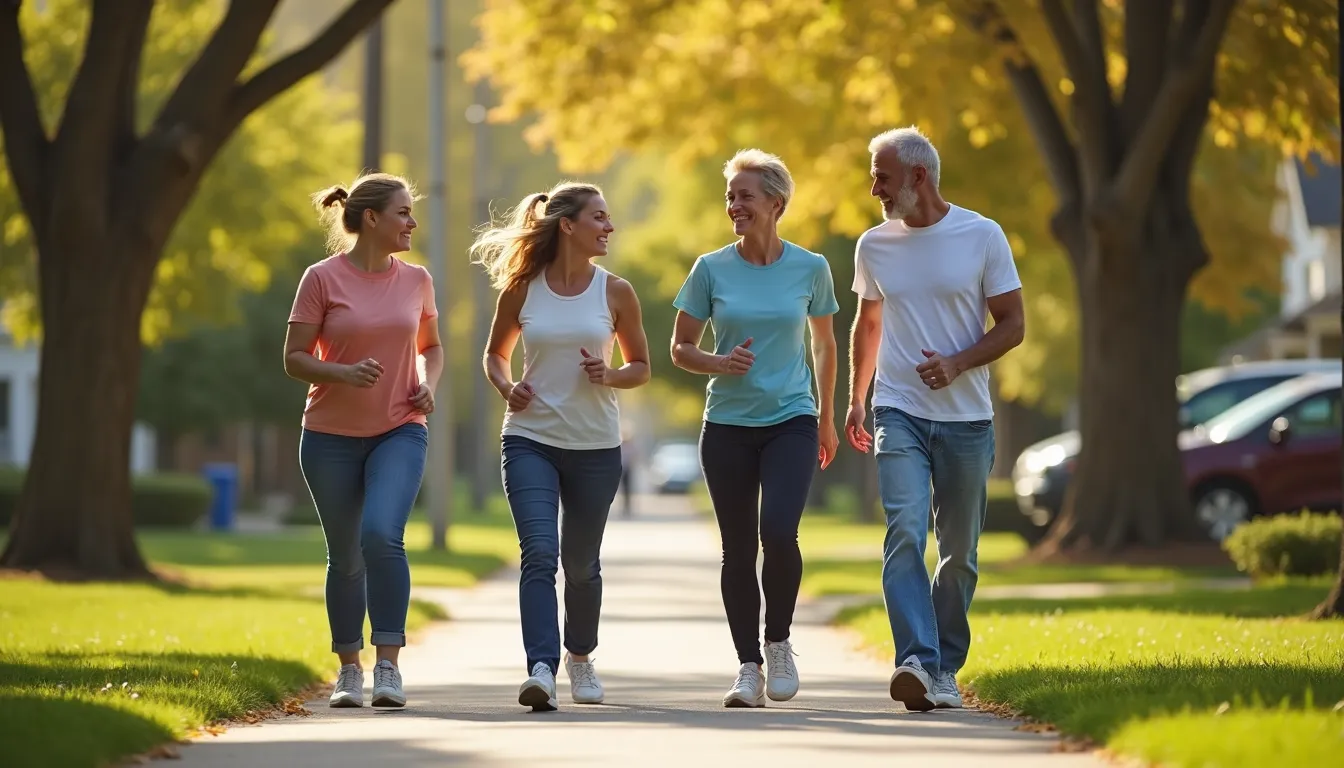 Group of adults walking briskly along a tree-lined neighborhood path to improve their body and foot health.