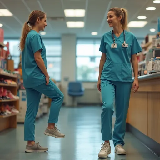 Healthcare and retail workers doing quick calf raises and toe curls in supportive shoes before standing all day.