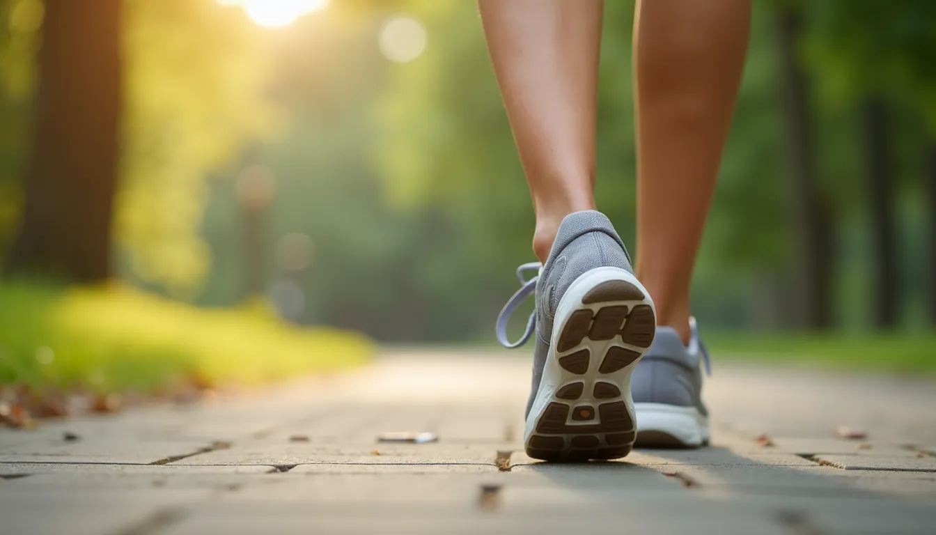 Close-up of feet in cushioned walking shoes rolling from heel to toe on a park path during a daily walk.
