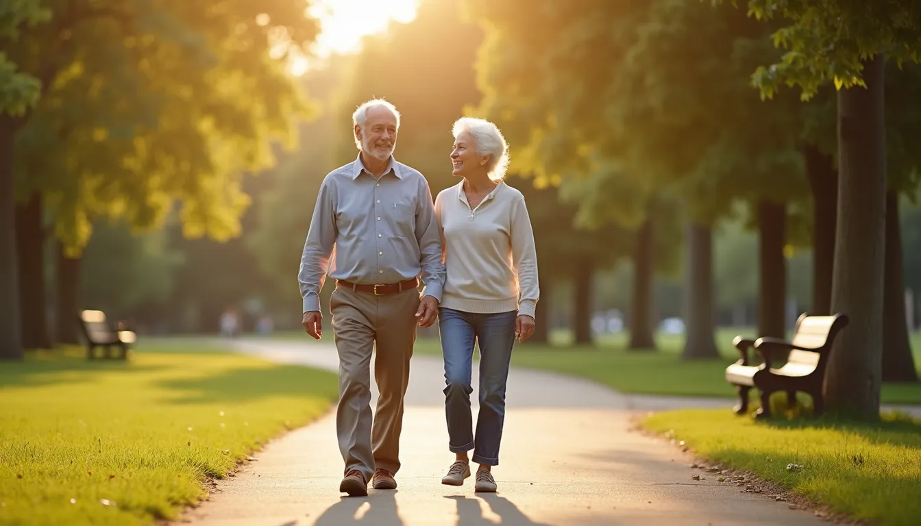 Two older adults walking together on a park path in comfortable shoes as part of a healthy aging routine.